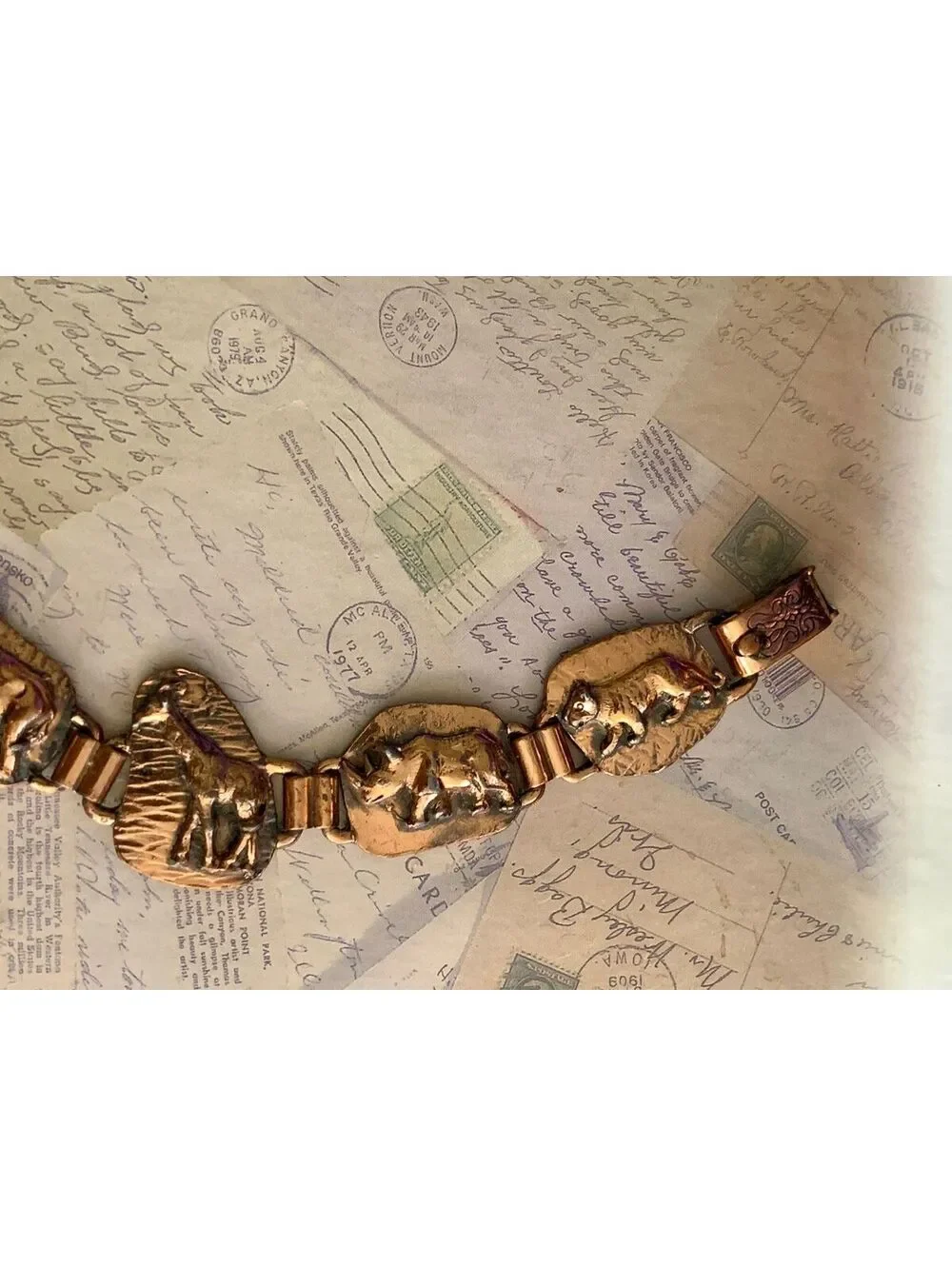 Vintage Solid Copper Safari Wildlife Panel Link Bracelet
